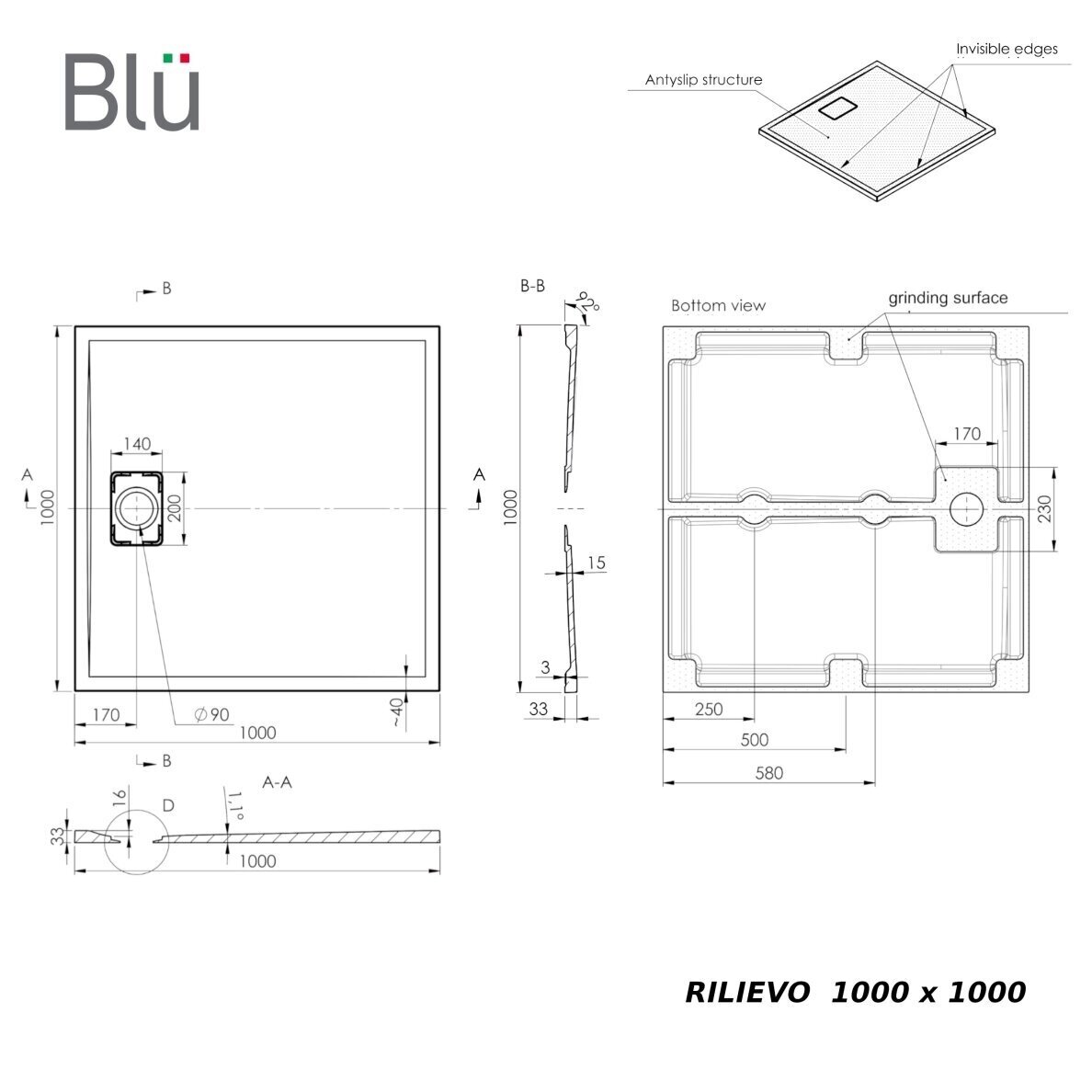 Akmens masės dušo padėklas Blu RILIEVO 100x100, pilkas matinis 6