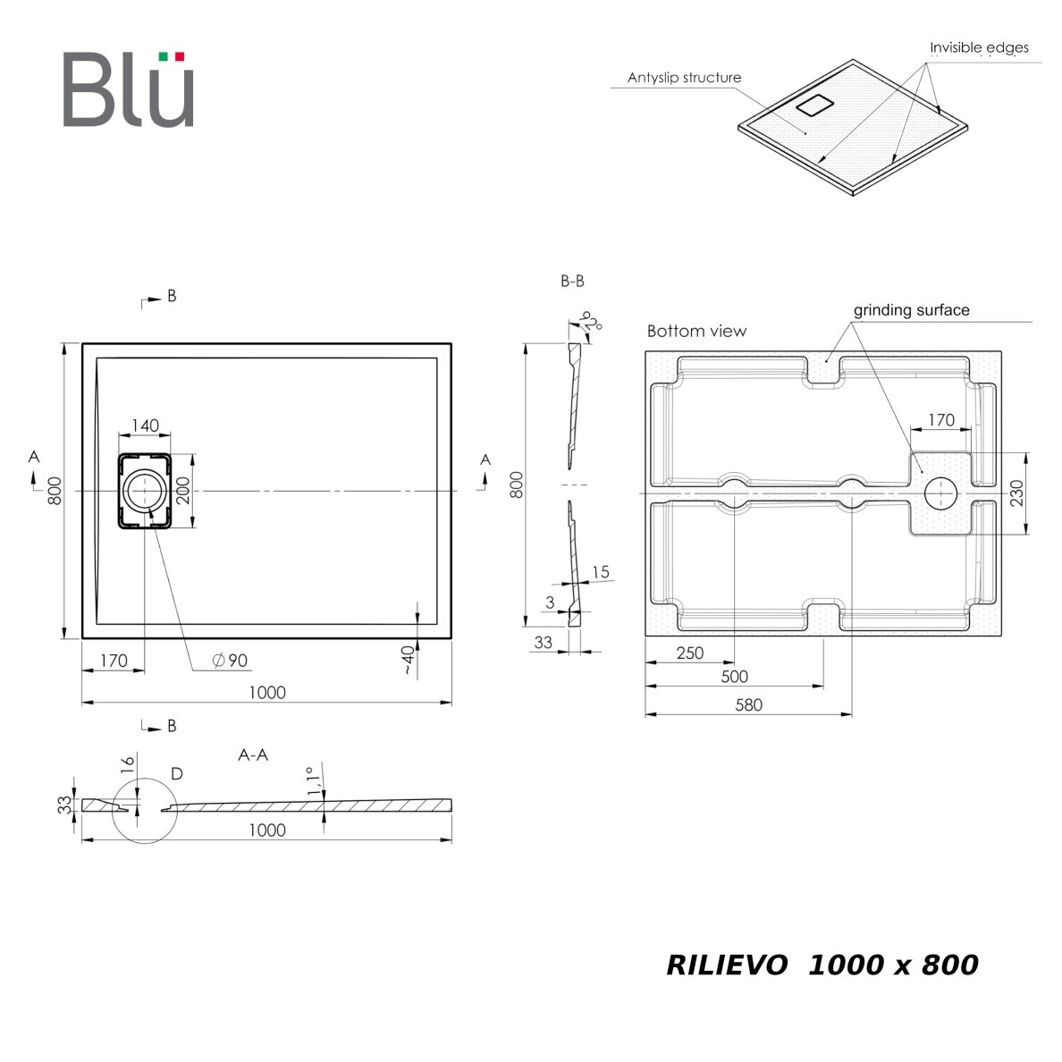 Akmens masės dušo padėklas Blu RILIEVO 100x80, pilkas matinis 6