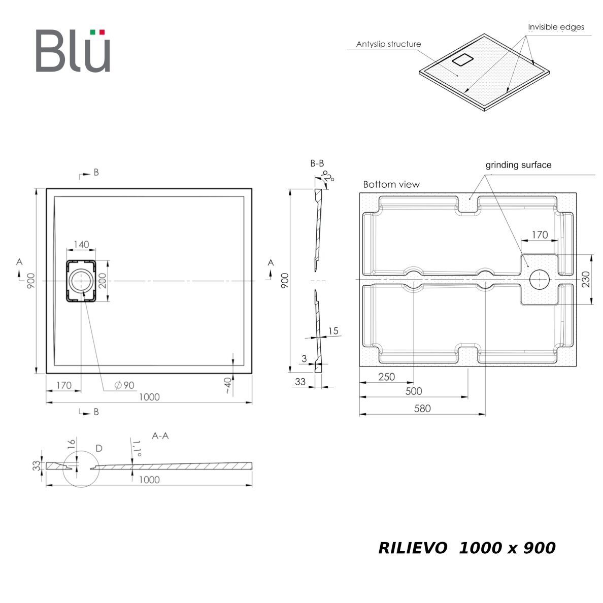 Akmens masės dušo padėklas Blu RILIEVO 100x90, pilkas matinis 6 Akmens masės dušo padėklas Blu RILIEVO 100x90, pilkas matinis 6