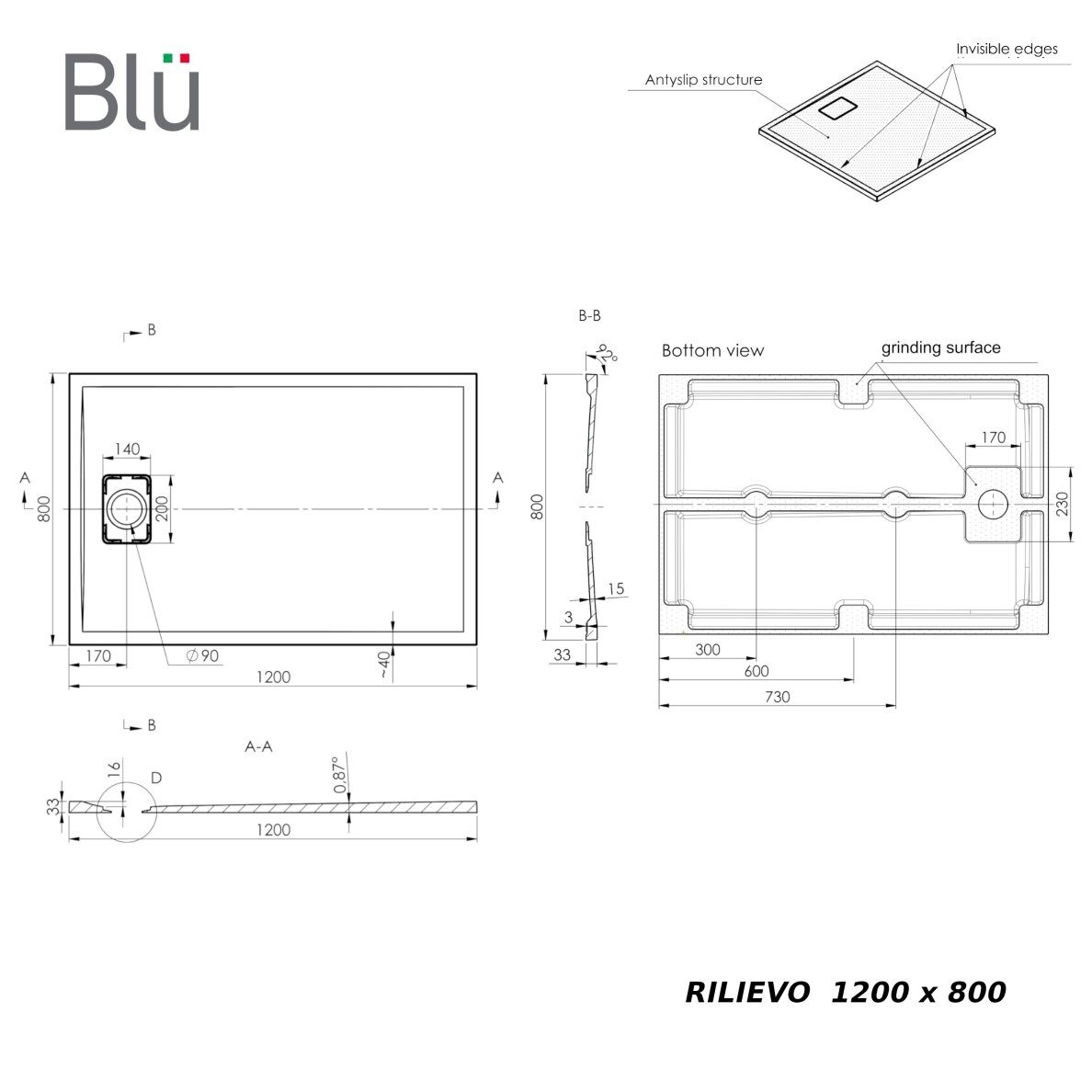 Душевой поддон из литого камня Blu RILIEVO 120x80, серый матовый 7 Душевой поддон из литого камня Blu RILIEVO 120x80, серый матовый 7
