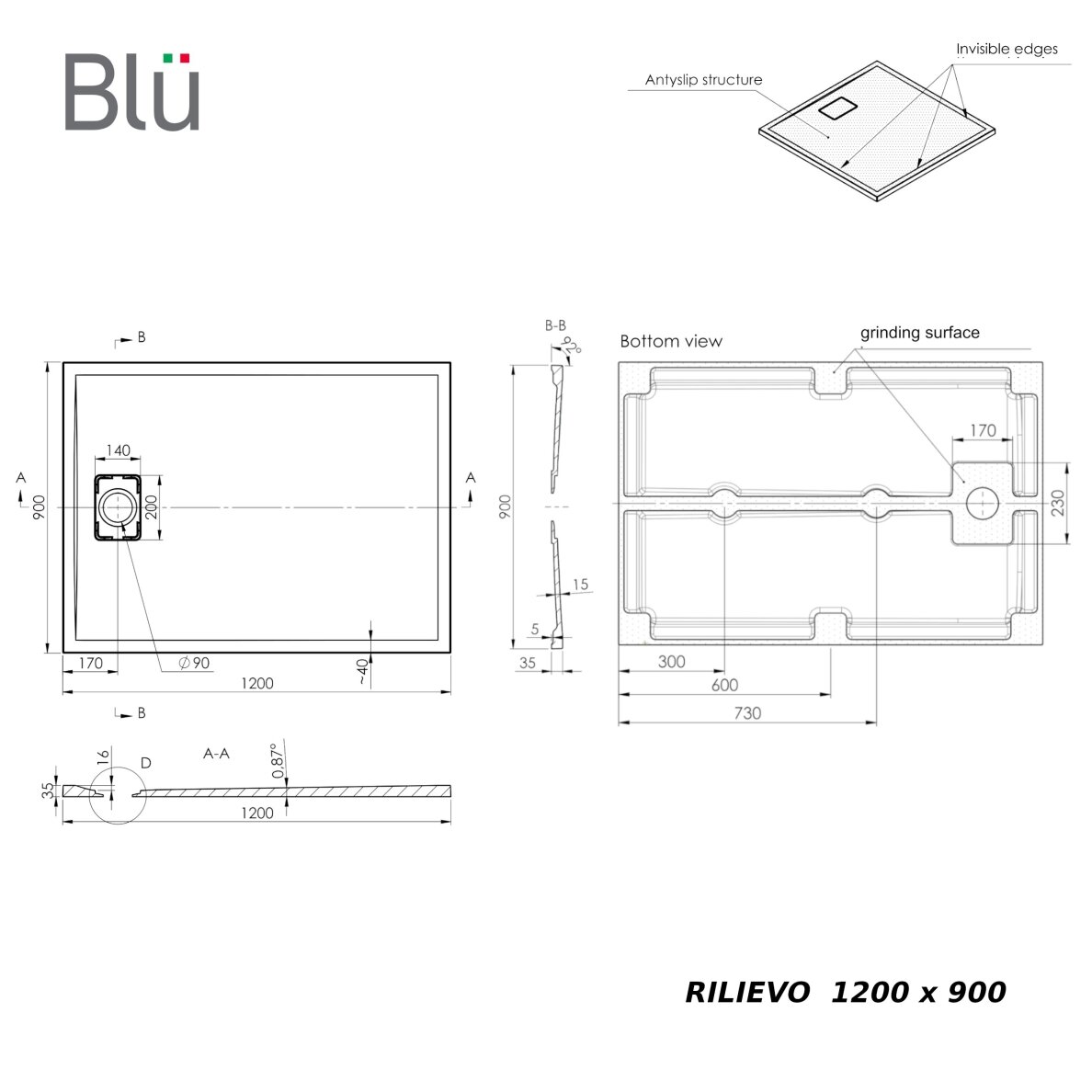 Akmens masės dušo padėklas Blu RILIEVO 120x90, pilkas matinis 7 Akmens masės dušo padėklas Blu RILIEVO 120x90, pilkas matinis 7