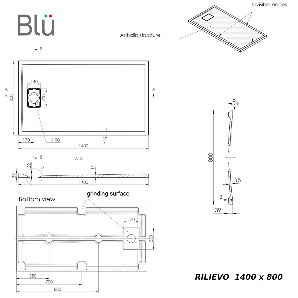 Akmens masės dušo padėklas Blu RILIEVO 140x80, pilkas matinis 6