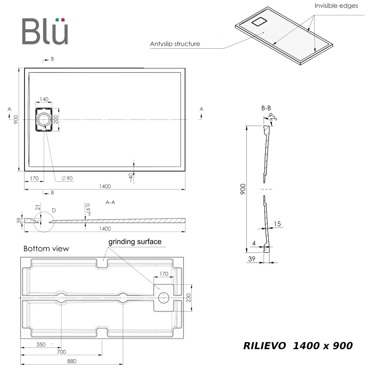Akmens masės dušo padėklas Blu RILIEVO 140x90, pilkas matinis 6 Akmens masės dušo padėklas Blu RILIEVO 140x90, pilkas matinis 6