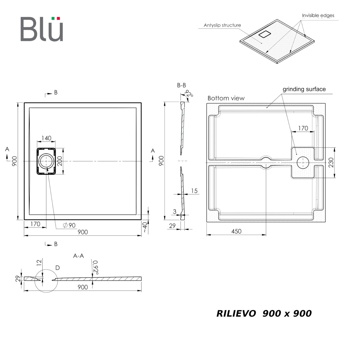Akmens masės dušo padėklas Blu RILIEVO 90x90, smėlio matinis 7