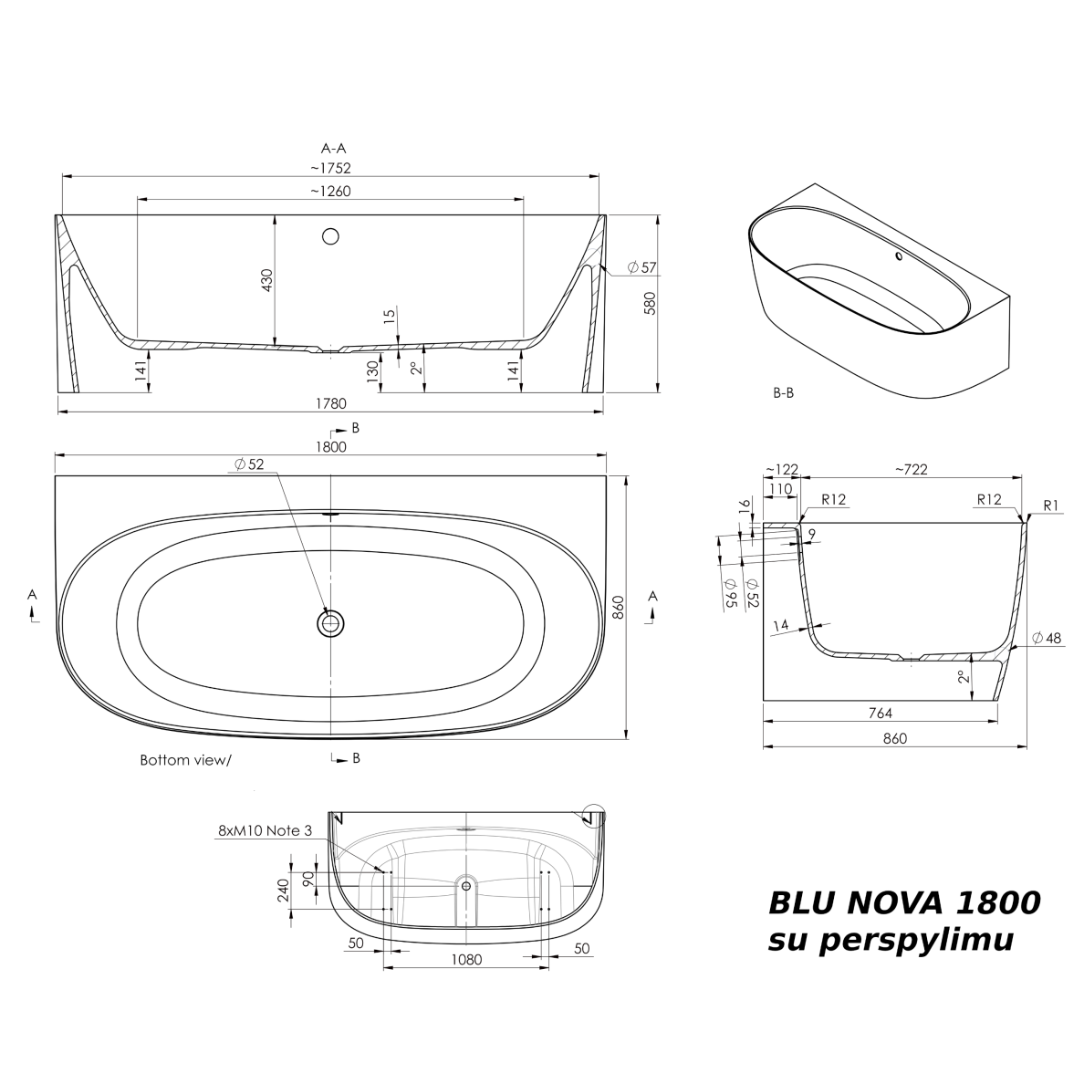 Ванна из литого мрамора Blu NOVA 1800 с переливом 2 Ванна из литого мрамора Blu NOVA 1800 с переливом 2