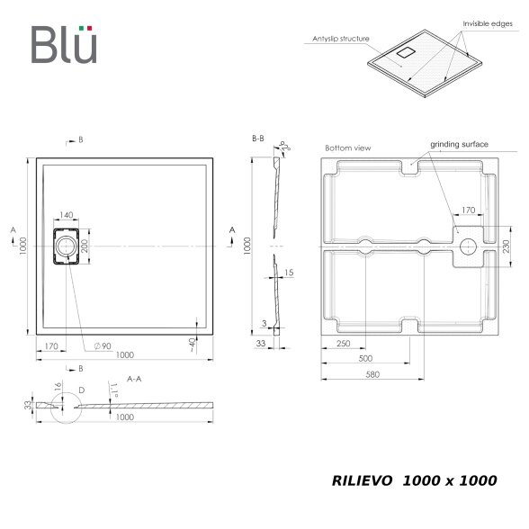Душевой поддон из литого камня Blu RILIEVO 100x100, матовый белый 8