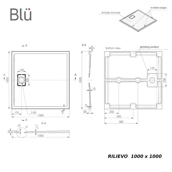 Akmens masės dušo padėklas Blu RILIEVO 100x100, pilkas matinis 6 Akmens masės dušo padėklas Blu RILIEVO 100x100, pilkas matinis 6