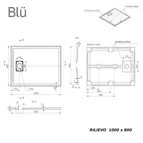 Akmens masės dušo padėklas Blu RILIEVO 100x80, pilkas matinis 6