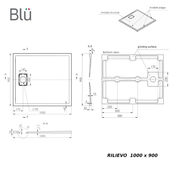 Akmens masės dušo padėklas Blu RILIEVO 100x90, pilkas matinis 6