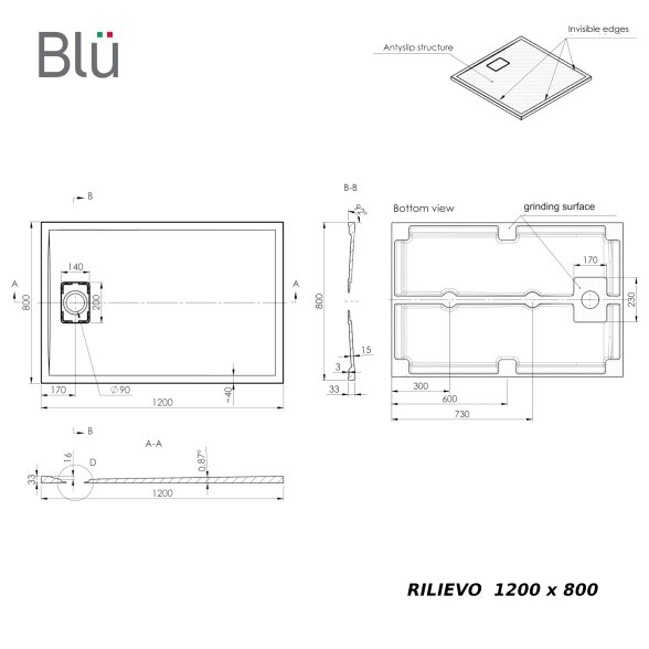 Душевой поддон из литого камня Blu RILIEVO 120x80, серый матовый 7 Душевой поддон из литого камня Blu RILIEVO 120x80, серый матовый 7