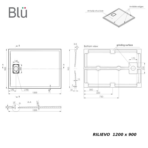 Akmens masės dušo padėklas Blu RILIEVO 120x90, pilkas matinis 6 Akmens masės dušo padėklas Blu RILIEVO 120x90, pilkas matinis 6