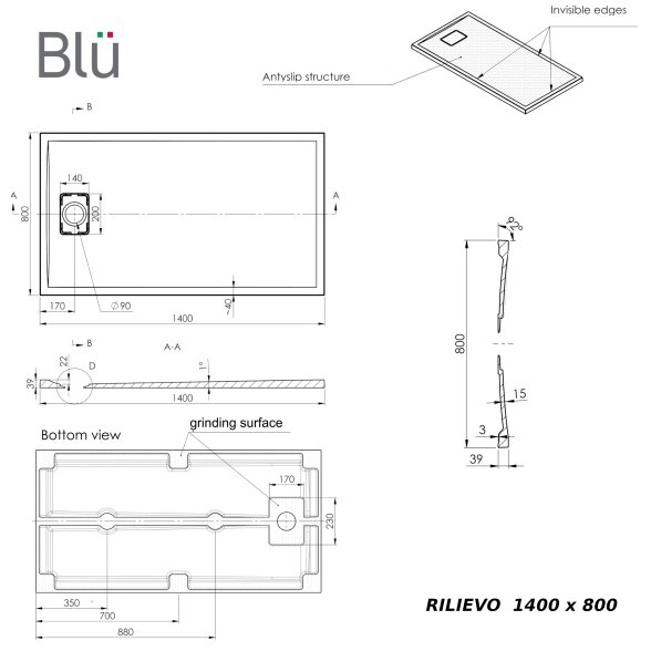 Akmens masės dušo padėklas Blu RILIEVO 140x80, pilkas matinis 6