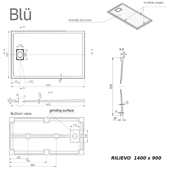 Akmens masės dušo padėklas Blu RILIEVO 140x90, pilkas matinis 6