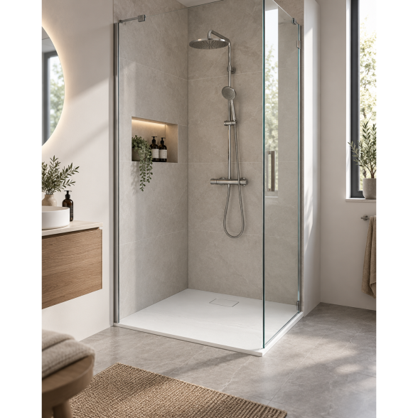 Akmens masės dušo padėklas Blu RILIEVO 90x90, baltas matinis 2