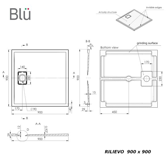 Akmens masės dušo padėklas Blu RILIEVO 90x90, smėlio matinis 7 Akmens masės dušo padėklas Blu RILIEVO 90x90, smėlio matinis 7