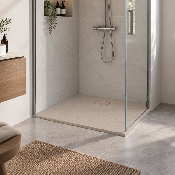 Akmens masės dušo padėklas Blu RILIEVO 90x90, smėlio matinis 1 Akmens masės dušo padėklas Blu RILIEVO 90x90, smėlio matinis 1