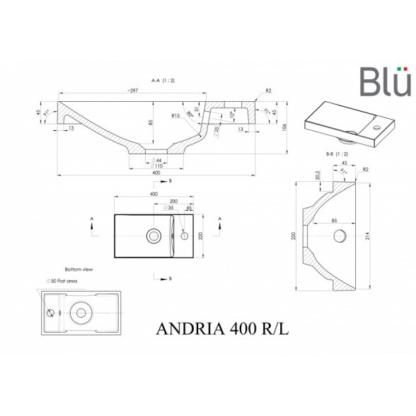 Akmens masės mažas praustuvas Blu ANDRIA 400 1