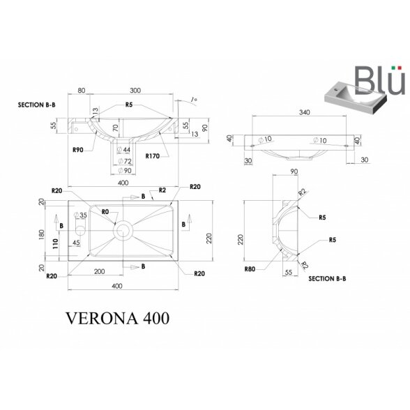 Akmens masės mažas praustuvas Blu VERONA 400 1
