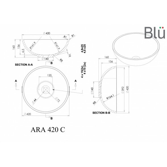 Akmens masės pastatomas praustuvas Blu ARA 420 2