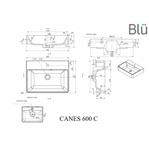Akmens masės praustuvas Blu CANES 600 1
