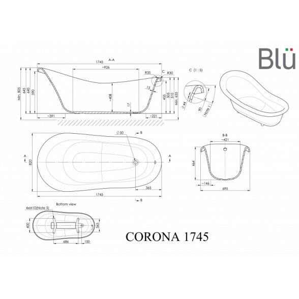 Ванна в ретро стиле из литого мрамора Blu CORONA 1745 1 Ванна в ретро стиле из литого мрамора Blu CORONA 1745 1