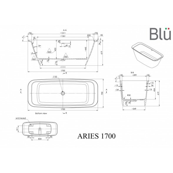 Ванна из литого мрамора Blu ARIES 1700 Evermite с переливом 1 Ванна из литого мрамора Blu ARIES 1700 Evermite с переливом 1