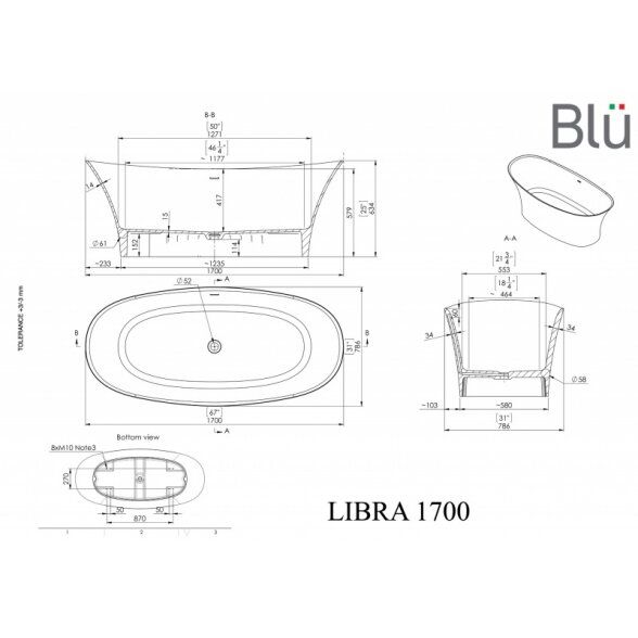 Akmens masės vonia Blu LIBRA 1700 Evermite su persipylimu 2