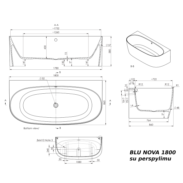 Ванна из литого мрамора Blu NOVA 1800  с переливом 2