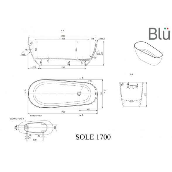 Ванна из литого мрамора Blu SOLE 1700 Evermite с переливом 1 Ванна из литого мрамора Blu SOLE 1700 Evermite с переливом 1
