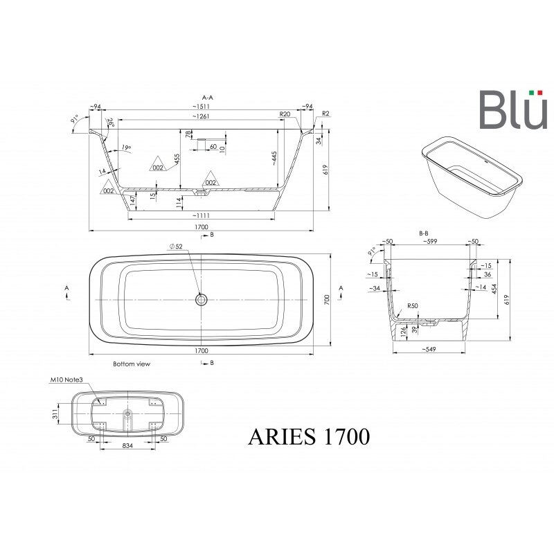 Ванна из литого мрамора Blu ARIES 1700 Evermite с переливом 1 Ванна из литого мрамора Blu ARIES 1700 Evermite с переливом 1