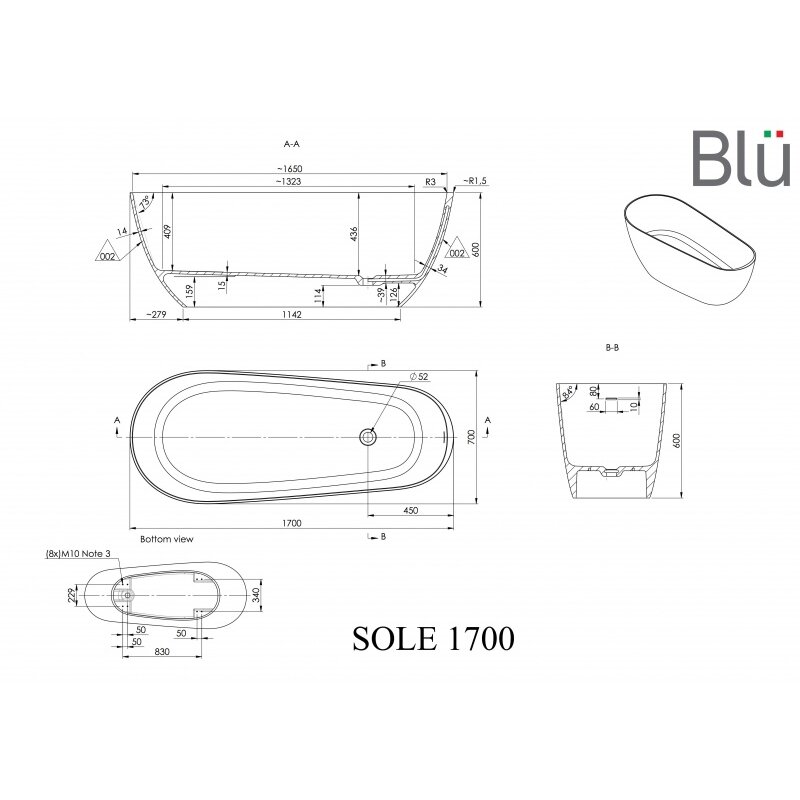 Ванна из литого мрамора Blu SOLE 1700 Evermite с переливом 1 Ванна из литого мрамора Blu SOLE 1700 Evermite с переливом 1