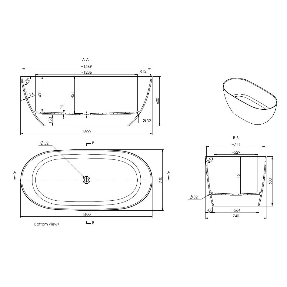 Ванна из литого мрамора Blu ARA 1600 2 Ванна из литого мрамора Blu ARA 1600 2