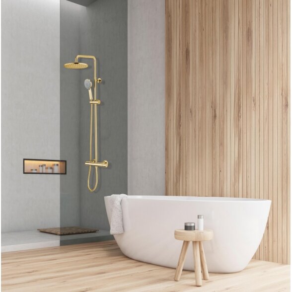 Золотого цвета kомплект для душа Cosmo с термостатом, стационарная голова 280 и ручной душ Mixa3 Bossini 1