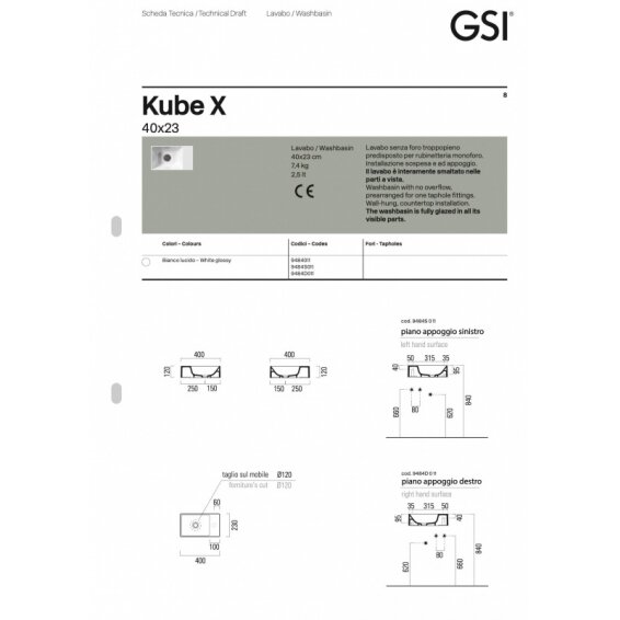 Подвесной умывальник Kube X 40, GSI 5