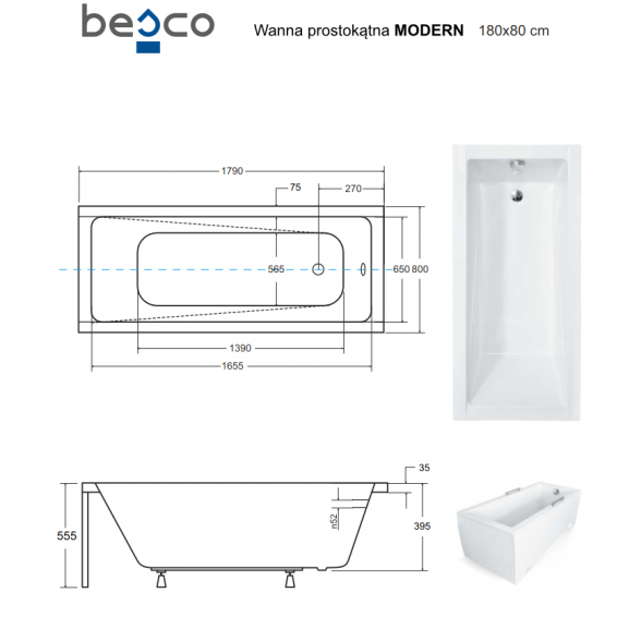 Stačiakampė akrilinė vonia Besco MODERN 9