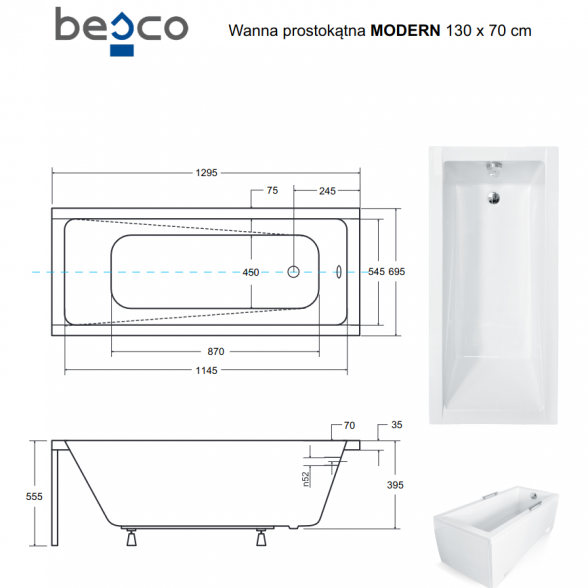 Stačiakampė akrilinė vonia Besco MODERN 4