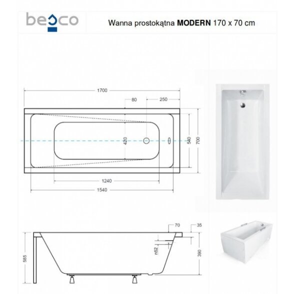 Stačiakampė akrilinė vonia Besco MODERN 8