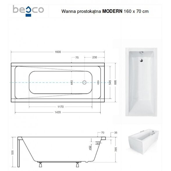 Stačiakampė akrilinė vonia Besco MODERN 7