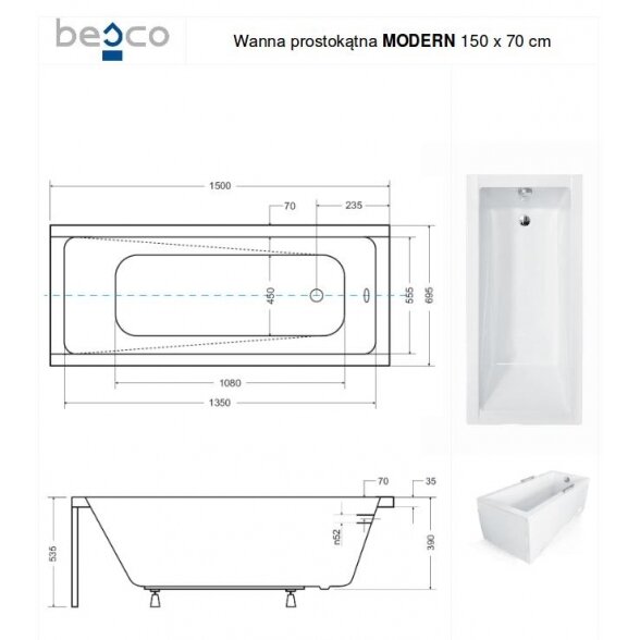 Stačiakampė akrilinė vonia Besco MODERN 6
