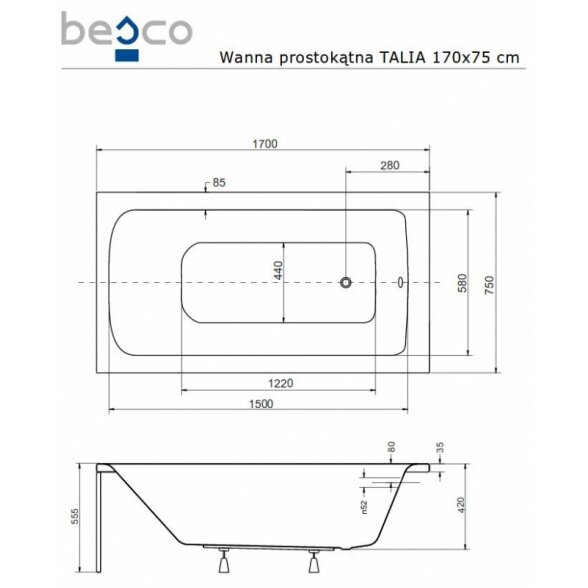 Stačiakampė akrilinė vonia Besco TALIA PREMIUM 2
