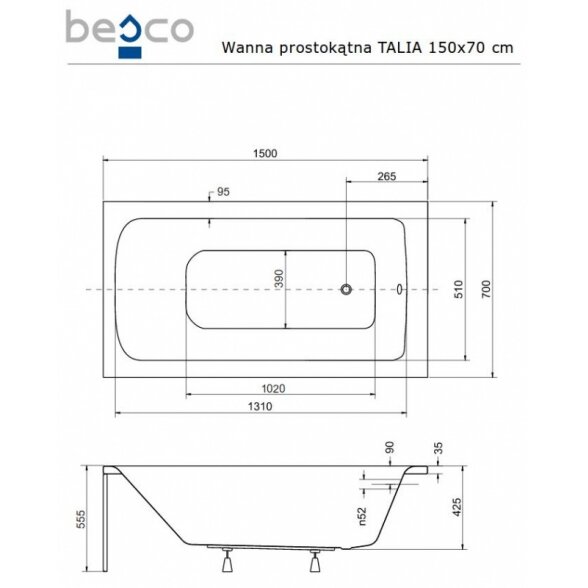 Stačiakampė akrilinė vonia Besco TALIA PREMIUM 4