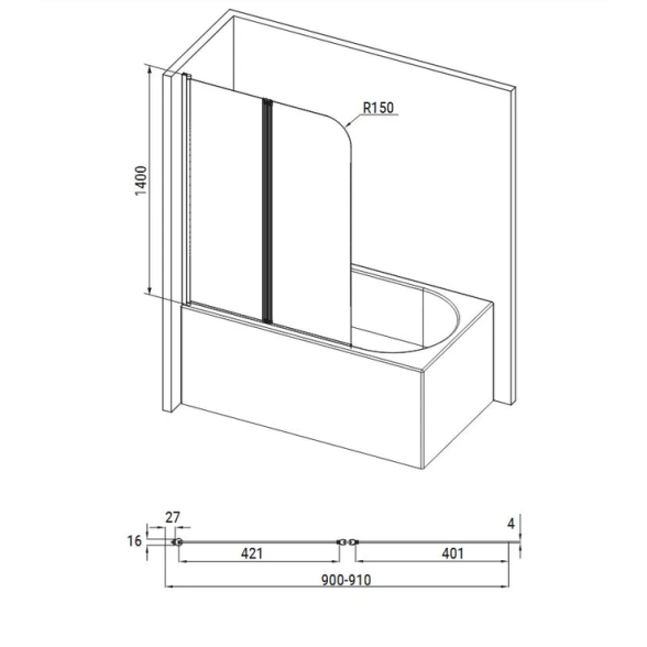 Стеклянная шторка для ванны Besco Prime II 90×140, хром 4 Стеклянная шторка для ванны Besco Prime II 90×140, хром 4