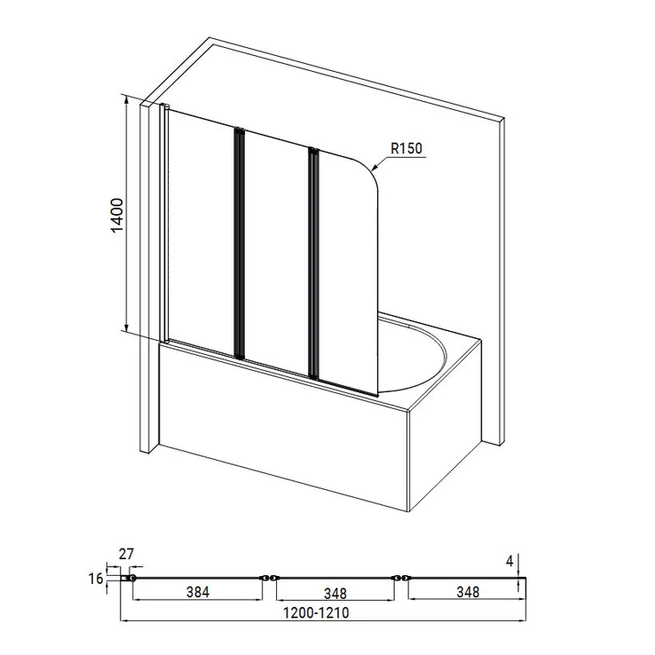 Стеклянная шторка для ванны Besco Prime III 120×140, черная матовая 5